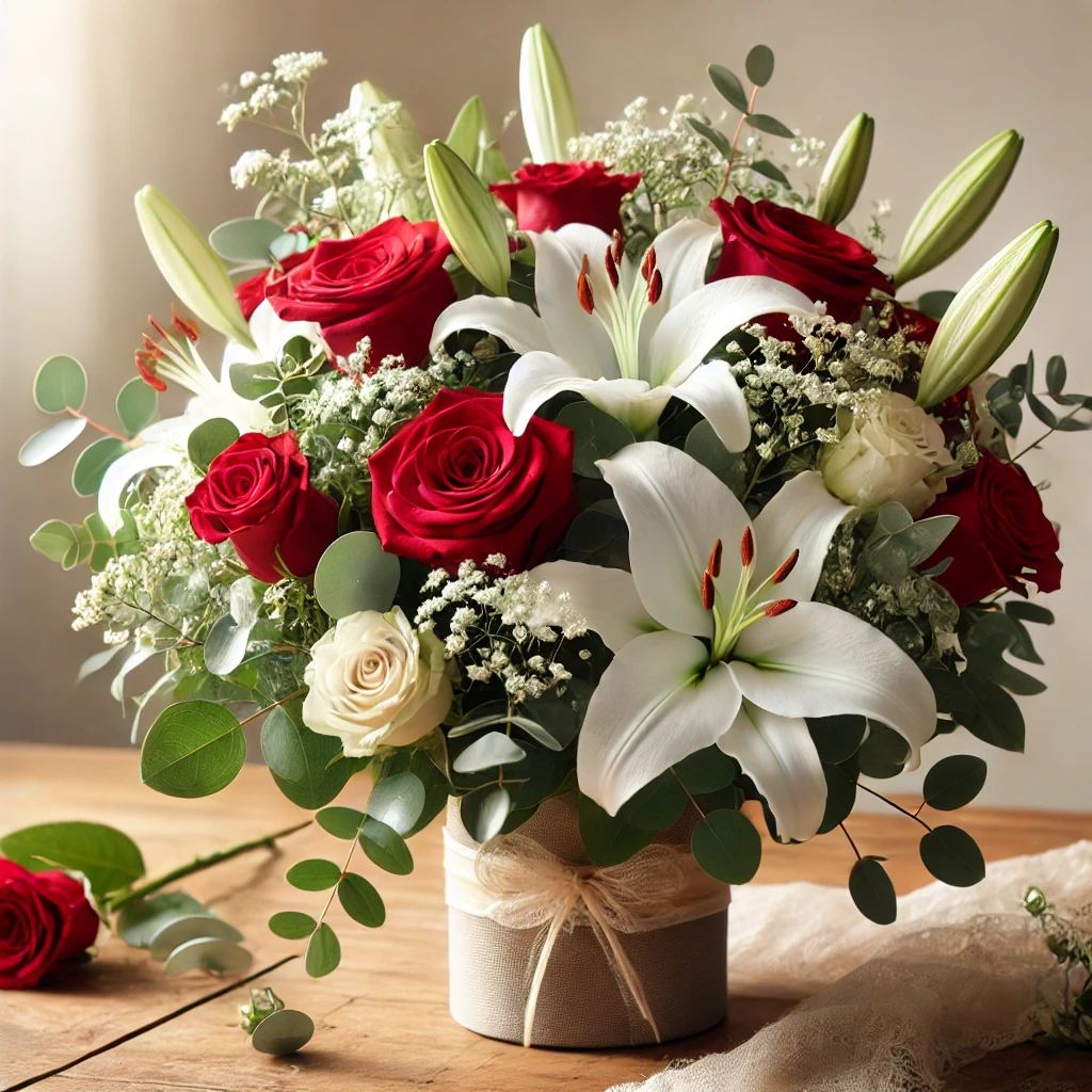 Bukiet z czerwonych róż, białych lilii
